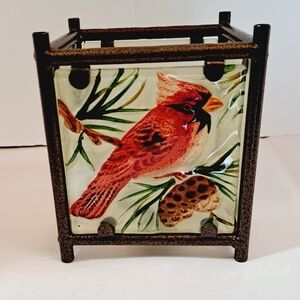 Hand Painted Red Cardinal  Frosted Etched Glass Square‎ Candle Lantern Holder